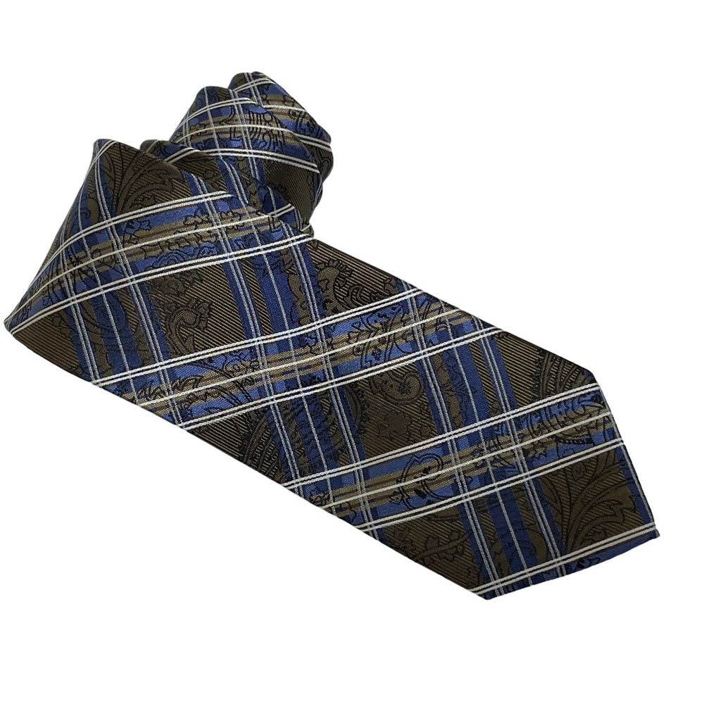 Pronto Uomo Designer Necktie Silk Brown‎  Blue Paisley Plaid Tie